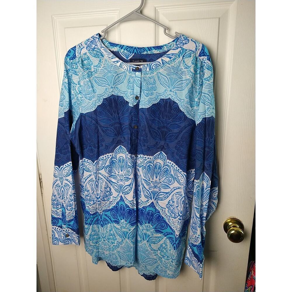 Lands End Woman 18 Shirt Blue Button Up Long Sleeve Casual Wear Pockets